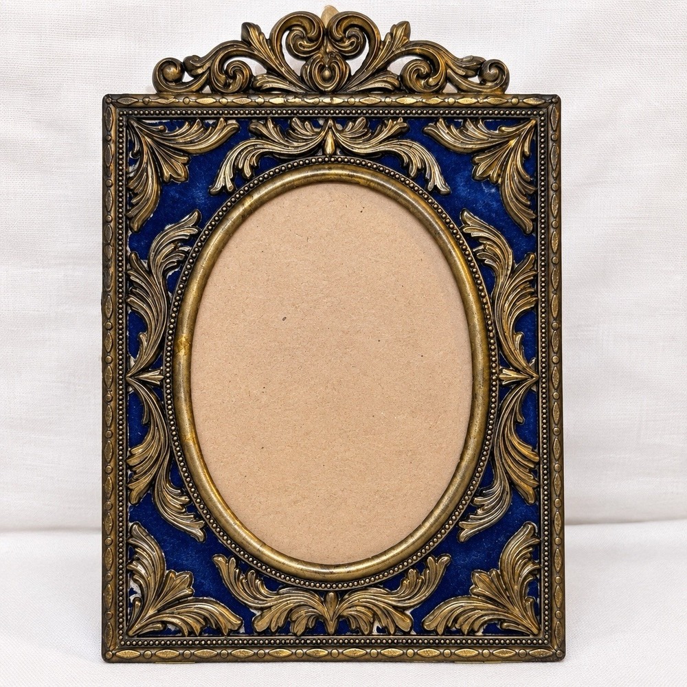 VTG Italian 1983 Ornate Gothic Victorian Frames Pair Blue Velvet 5x7 Made Italy